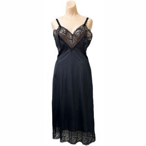 Vintage Black Satin Slip Dress Sz 34 Medium Lace Details Pin Up Fairy Whimsigoth